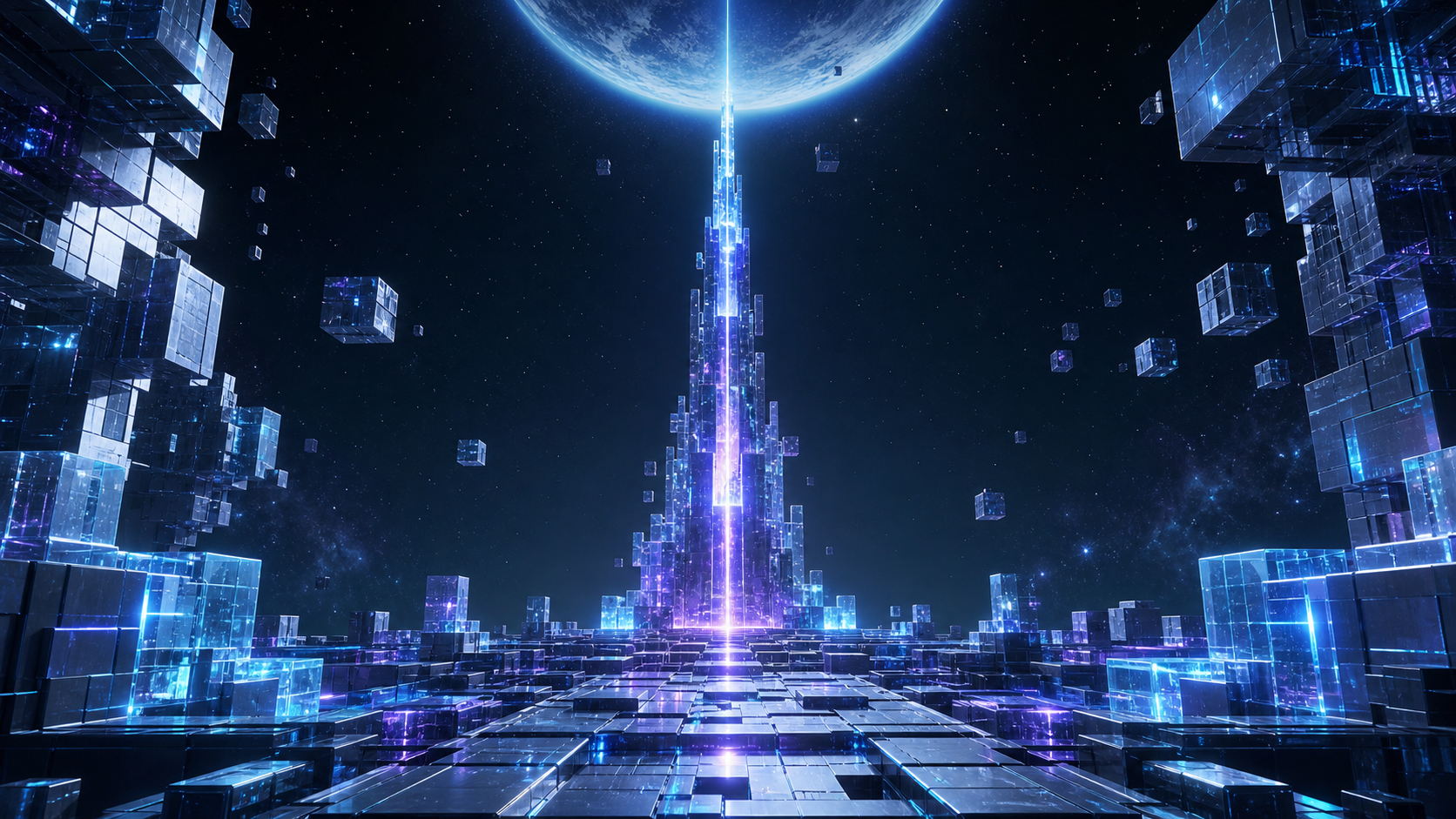 Luminous cubic megastructure rising toward a distant planet