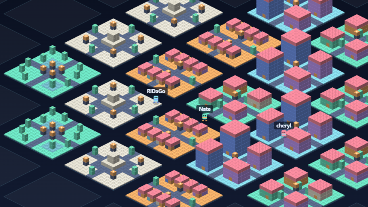 An isometric CubeX City with player-built towers, parks and plazas, and named cubies walking the streets