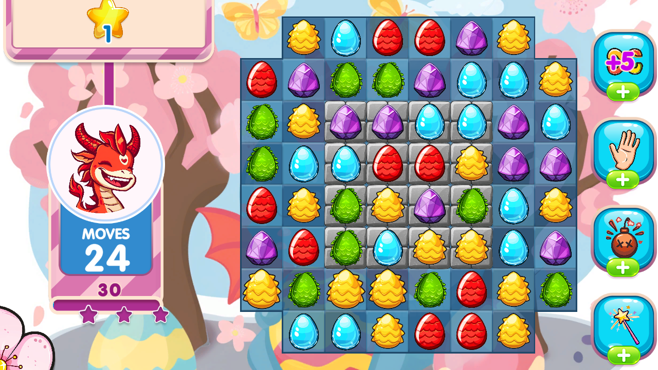 An active Dragon World Smash It level with a colourful match-three egg board