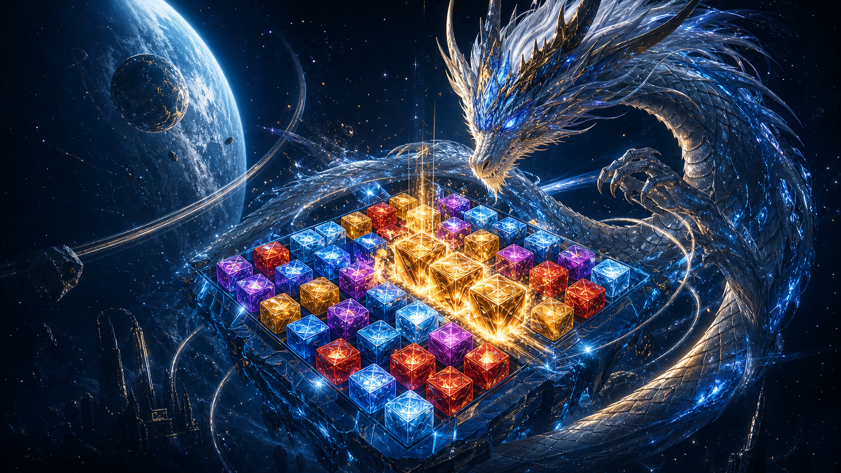 A celestial dragon circling a luminous match-three cube board